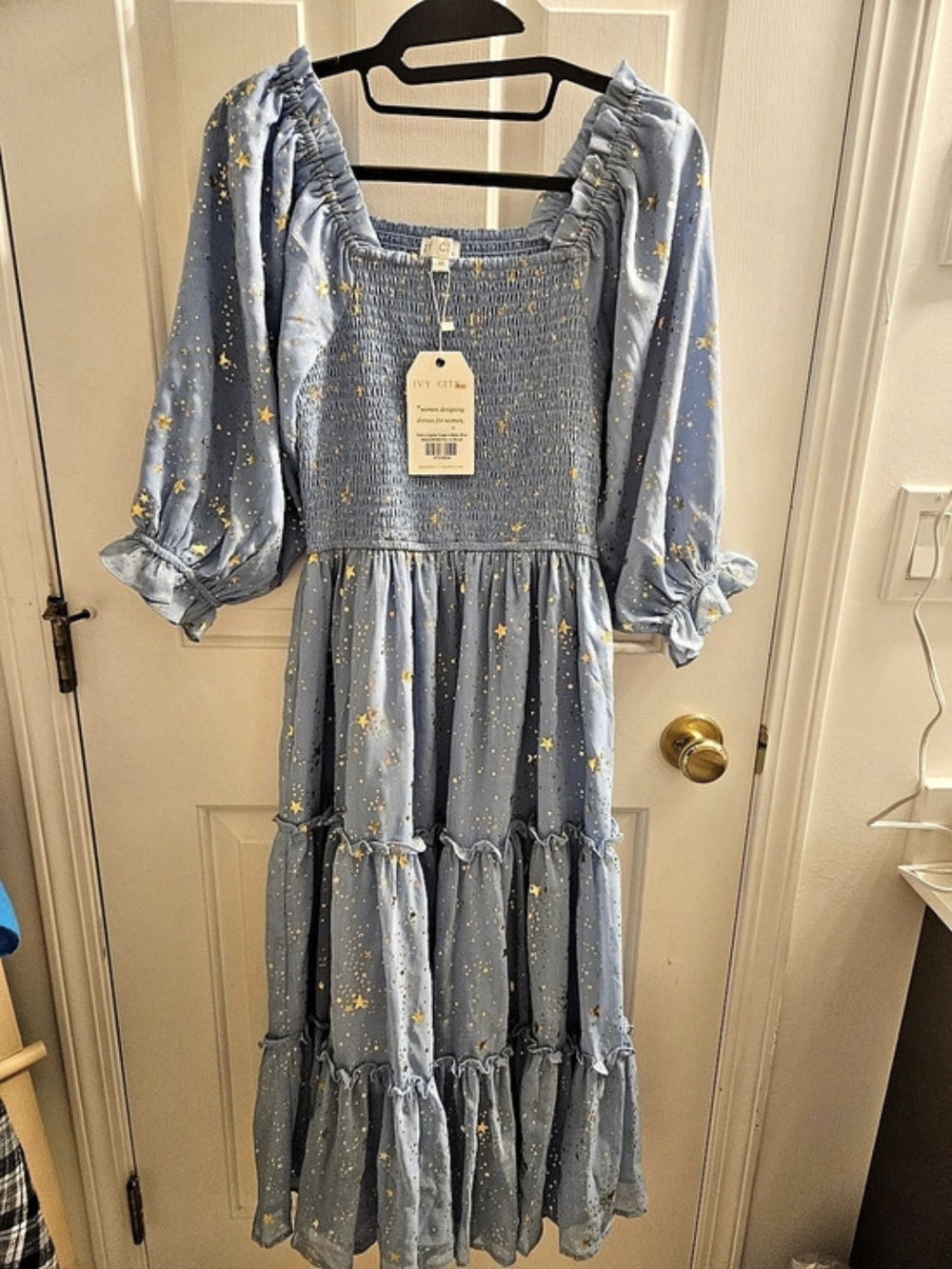 Ivy City Co Starry Nights Dress Baby Blue Gold Stars XS NWT